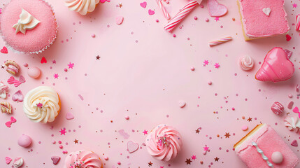 Pink birthday flat lay background with sweets and candys