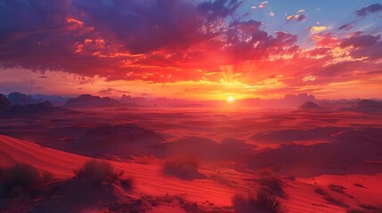 Render a breathtaking desert landscape bathed in the warm glow of a sunset. Utilize vibrant oranges, reds, and purples for the fiery sky, transitioning into a soft blue at the horizon