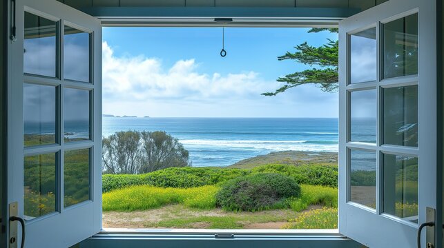 Fototapeta open window to the view of ocean and coast
