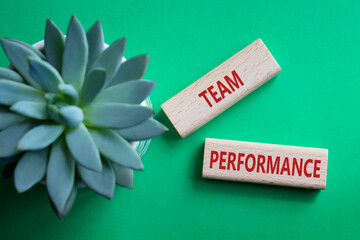 Team Performance symbol. Wooden blocks with words Team Performance. Beautiful green background with...