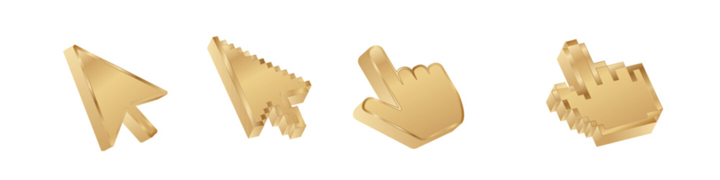 Click cursor 3d gold icon. Computer mouse pointer vector golden arrow
