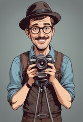 Obraz premium Candid Camera Mastery: Hobbyist in Blue with DSLR