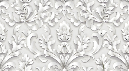 The seamless pattern features a white damask with a light gray and silver color palette on a white background. The image has high resolution, detail and quality in a high definition style Modern