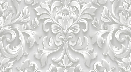 Fototapeta premium The seamless pattern features a white damask with a light gray and silver color palette on a white background. The image has high resolution, detail and quality in a high definition style Modern