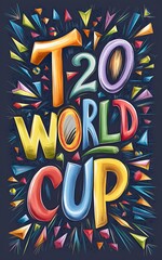 A colorful poster for the T20 World Cup. The poster is full of bright colors and has a lot of text. The text is in different colors and is written in a fun and playful font