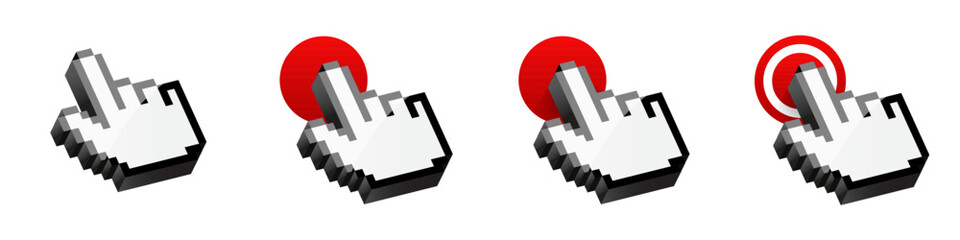 Click cursor 3d pixel icon. Computer mouse pointer vector arrow and hand