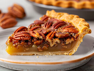 Close-up of pecan pie slice on plate, rich in detail and texture. Gooey caramel pecan pie slice, a decadent dessert option. Perfectly baked pecan pie slice, showcasing a luscious filling