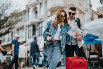 Two young tourists with a camera and map enjoy sightseeing in a bustling sunny town during their vacation.