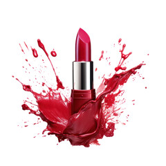 Red Lipstick Explosion with Open Lipstick. Explosive Red Lipstick Smear. Isolated on Background