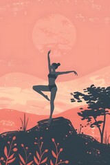 Obraz premium Vertical illustration of woman practice yoga at morning sunrise. Greeting card for International yoga day. 