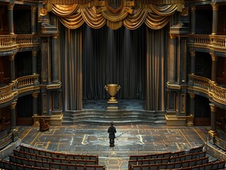 A dapper man is standing confidently in front of a grand stage in a prestigious theater, ready to accept an award for his outstanding performance.