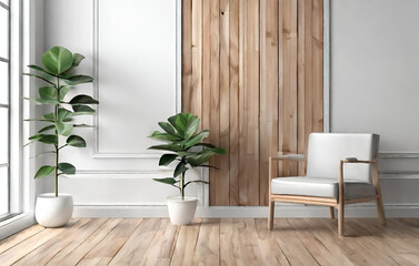 A living room with a white wall and a chair with a plant on it