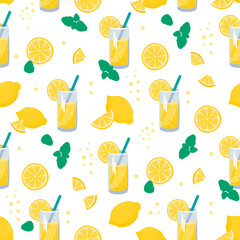 Cartoon seamless pattern with lemon,lemonade in glass and mint  on white background.Refreshing summer drink with whole and sliced citrus fruits.Vector design for use in fabric,packaging,wallpaper.