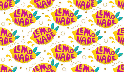 Modern style seamless pattern with hand lettering Lemonade and fruit lemon with leaves.White background with linear elements,dots and drops.Cartoon vector design for use in fabric,packaging,wallpaper.