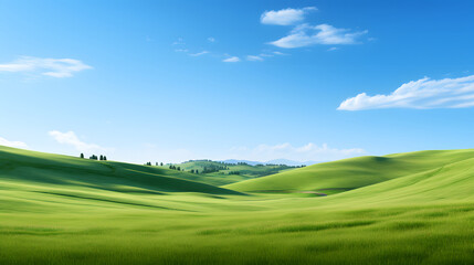 Obraz premium Rolling green hills under a clear blue sky, creating a picturesque and idyllic rural landscape