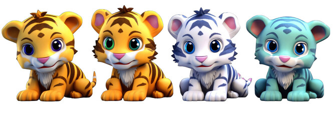 Fototapeta premium 3d four set of cute colorful cute tiger on white background