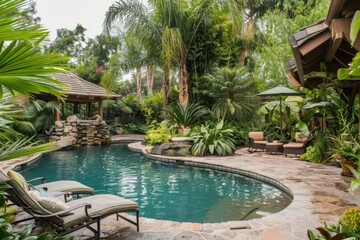 Luxurious backyard with a lagoon-style swimming pool and tropical landscaping.