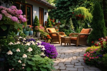 Cozy garden patio with wicker furniture and blooming flowers at sunset.