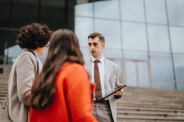 Three professionals in a meeting outside office premises, portraying teamwork and collaboration