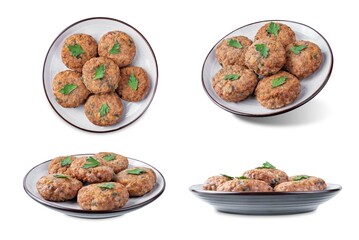 Buckwheat porridge ground meat onion burgers on a white isolated background