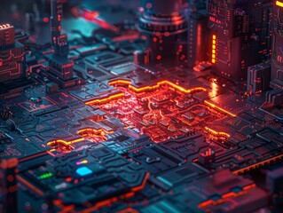 A mesmerizing close-up of a computer circuit board, showcasing intricate pathways and components coming together like pieces of a complex puzzle.