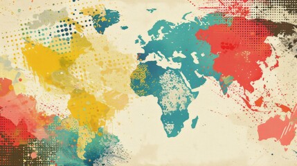 Colorful world map covered in vibrant paint splatters
