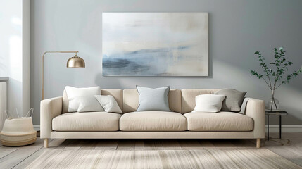 Modern beige sofa against a light gray wall with an abstract artwork in tones of gray and beige. Comfortable and modern living room with a wooden floor. Interior design concept photo