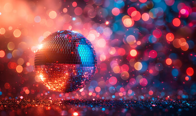 Vibrant Disco Party Ambiance: Glowing Bokeh Lights and Mirrored Ball for Nightlife Celebration Backdrop