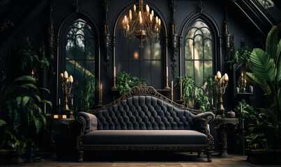 Elegant Gothic Living Room in Classic Baroque Castle Interior