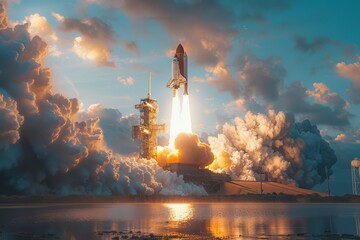 photorealistic image of the space shuttle launch, smoke and clouds around it, realistic photography, professional color grading, soft shadows, varied contrast, clean sharp focus di