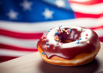 Patriotic Donut with Chocolate Frosting and Sprinkles on American Flag Background
