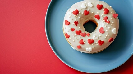 Valentine's Day Donut with Hearts Decoration on Blue Plate
