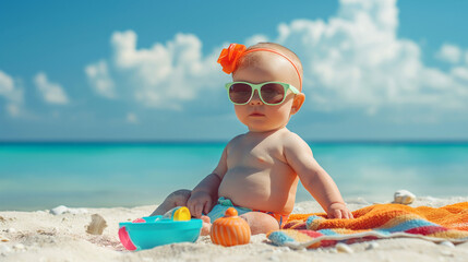 A cheerful baby, adorned with sunglasses, enjoys a relaxing time on the sandy beach, surrounded by colorful toys and a cozy beach towel, basking in the warmth of the sun