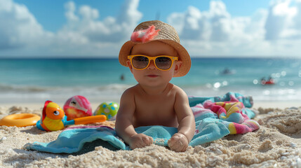 A cheerful baby, adorned with sunglasses, enjoys a relaxing time on the sandy beach, surrounded by colorful toys and a cozy beach towel, basking in the warmth of the sun