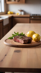 Grilled Steak and fresh lemon on a wooden table