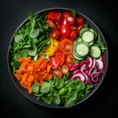A salad bowl with a bright and colorful assortment of fresh vegetables such as carrots, tomatoes, cucumbers and spinach, against a dark background.