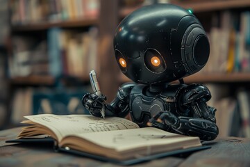 Fototapeta premium A robot is sitting at a desk and writing in a book