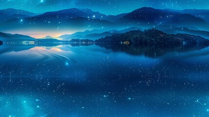Fototapeta premium Starry night sky over a tranquil lake top view reflection of stars advanced tone Complementary Color Scheme