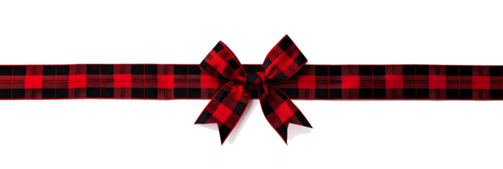 Red and black buffalo plaid Christmas gift bow and ribbon. Long border isolated on a white background