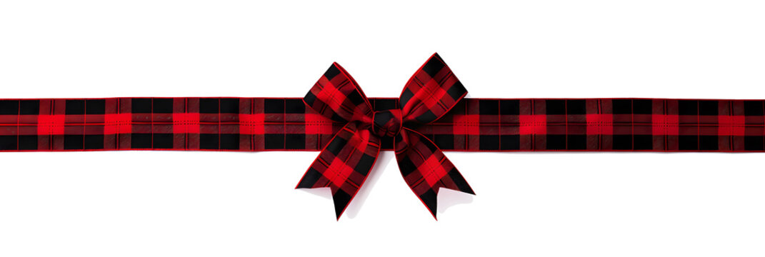 Red and black buffalo plaid Christmas gift bow and ribbon. Long border isolated on a white background