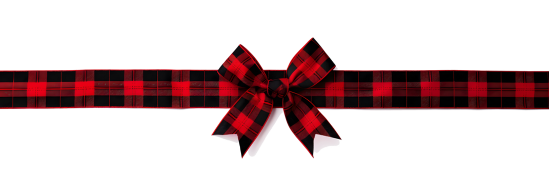 Red and black buffalo plaid Christmas gift bow and ribbon. Long border isolated on a white background