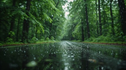 A wet road winds through a dense forest, surrounded by towering trees and misty mountains in the distance, reflecting the greenery above.