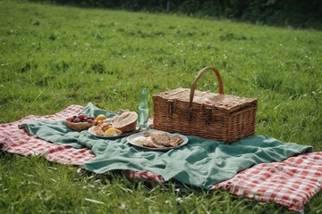 "Perfect Picnic Setup: Basket with Goodies and A Blanket Outdoors"