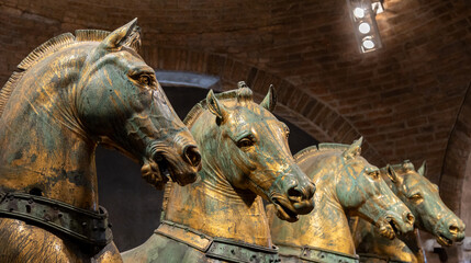Heads of statues of Horses of Saint Mark inside St Mark's Basilica in Venice, Italy