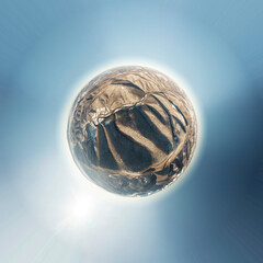 drone flies over the peaks of the mountainous Carpathian region with a winter color pattern of snowy beech trees on the tops, river valleys painted with sunset flames Spherical 360 panorama