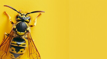 Realistic bee, yellow background, copy space, space for text, Generative AI.リアルな蜂、黄色い背景、コピースペース,テキスト用スペース,Generative AI。