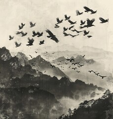 Majestic Mountain Scene with a Flock of Birds in Flight