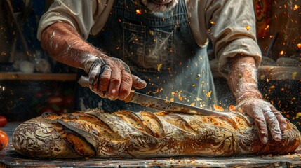 A man delicately slices open a fresh loaf of bread with a sharp knife.