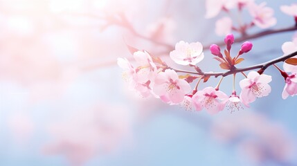 Delicate pink cherry blossoms against a soft blue sky