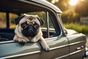Portrait of pug dog sitting on a car 